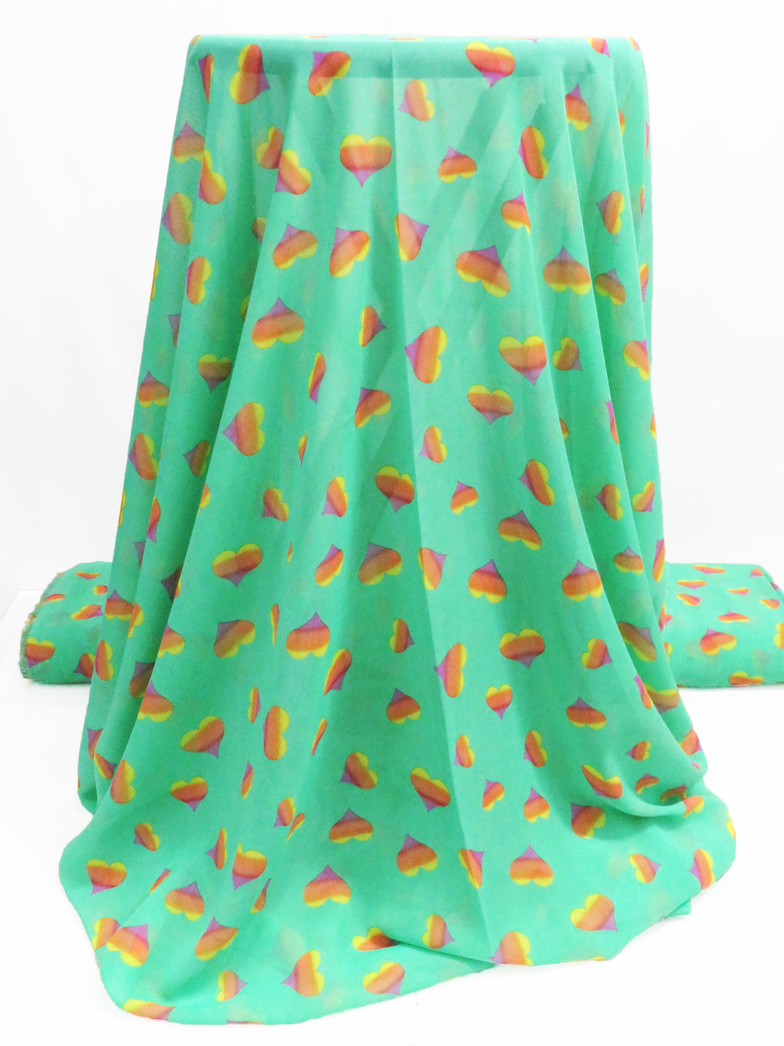 Deep Mint/Pumpkin/Lemon/Magenta 100% Polyester Gradient Heart Print Chiffon 58W
