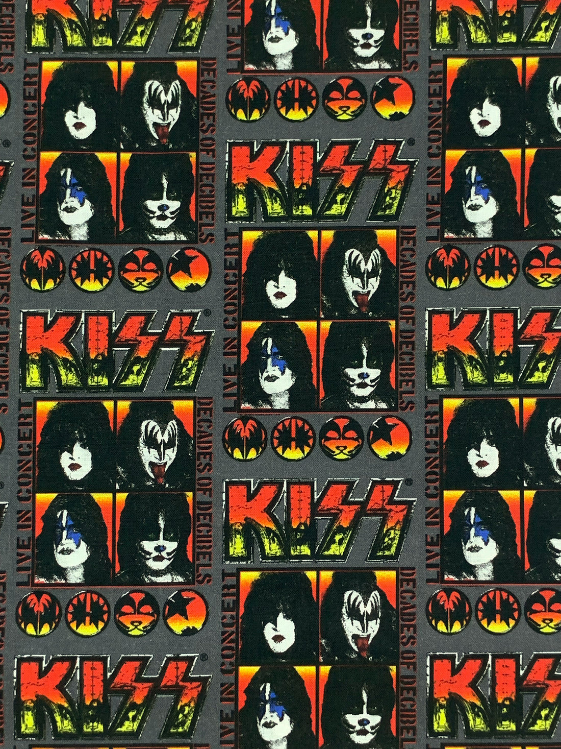 Dark Iron Gray/Flame/Black/Lemon 100% Cotton Kiss Live Decades Of Decibels Print Quilt Weight Woven 42W