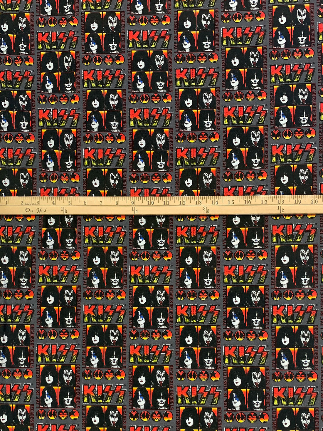 Dark Iron Gray/Flame/Black/Lemon 100% Cotton Kiss Live Decades Of Decibels Print Quilt Weight Woven 42W