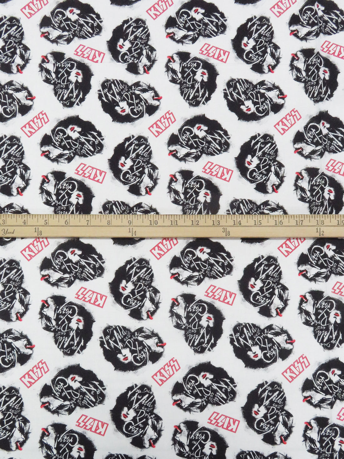 White/Black/Cherry Red 100% Cotton Drive You Crazy KISS Print Quilt Weight Woven 44W