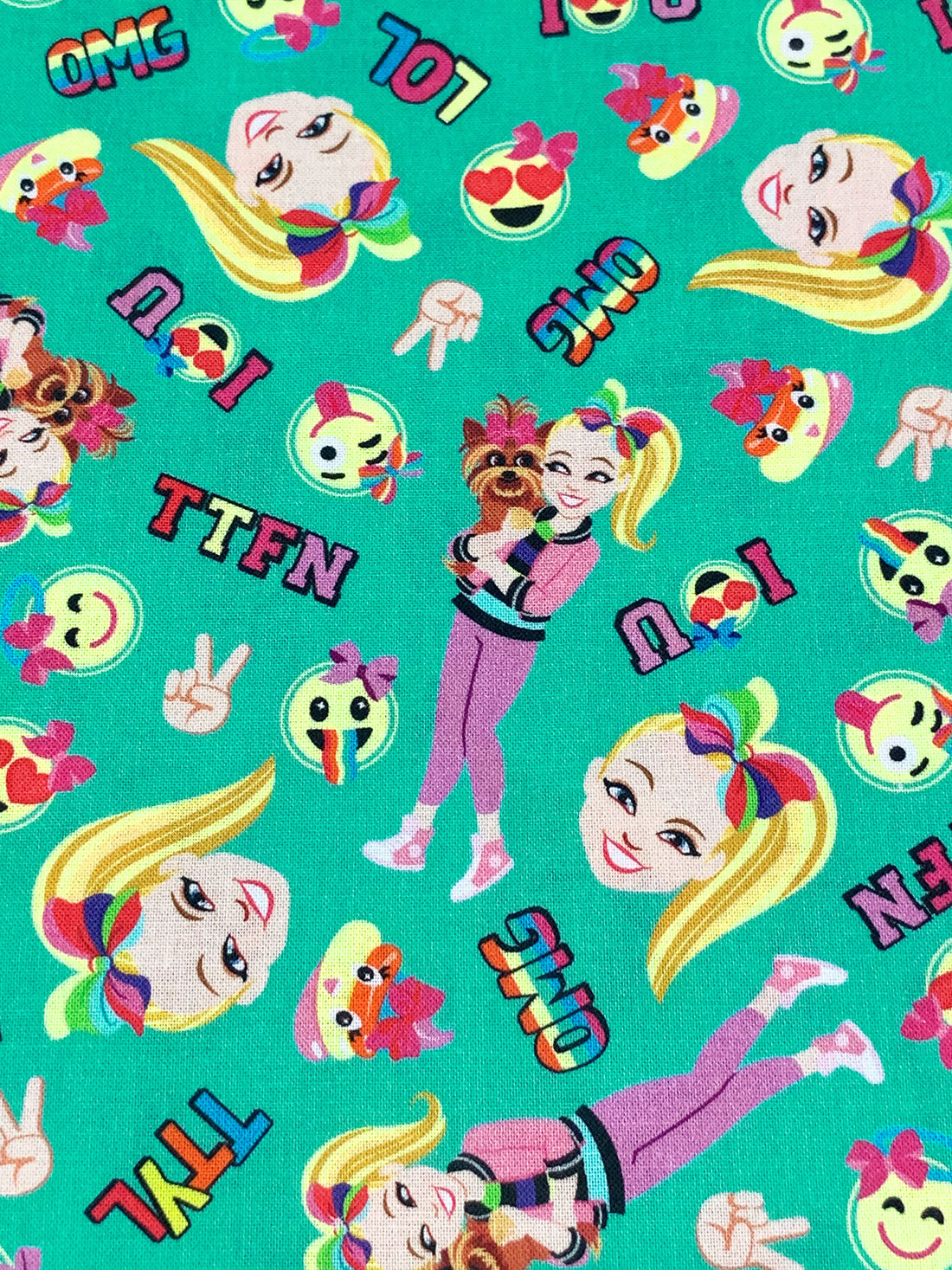 Carribean Green/Yellow/Hot Pink/Multi 100% Cotton Jojo BowBow Emoji Friends Print Quilt Weight Woven 43W