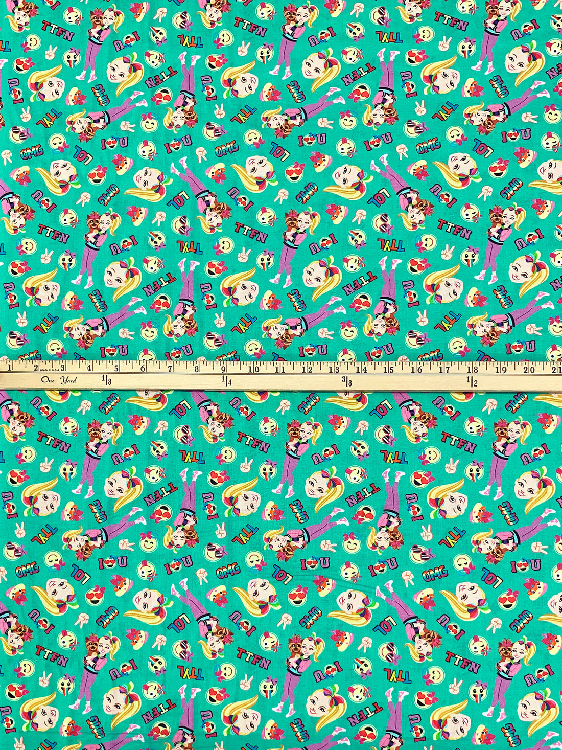 Carribean Green/Yellow/Hot Pink/Multi 100% Cotton Jojo BowBow Emoji Friends Print Quilt Weight Woven 43W