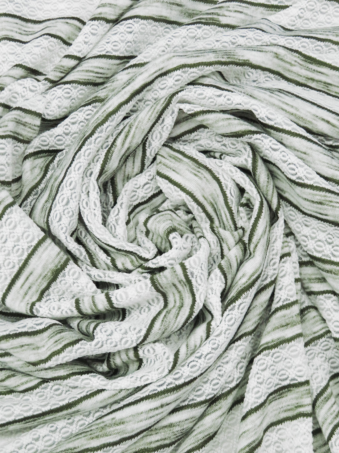 White/Heathered Dill Green Polyester/Lycra Horizontal Multi Stripe Novelty Weave Knit 62W
