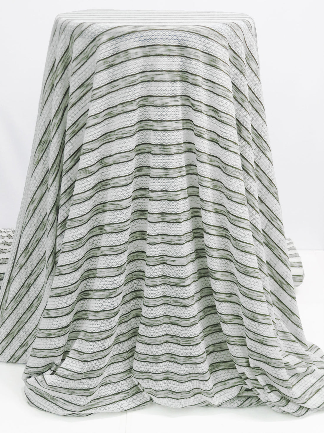 White/Heathered Dill Green Polyester/Lycra Horizontal Multi Stripe Novelty Weave Knit 62W