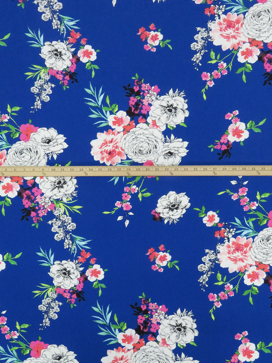 Cobalt/Deep Peony Pink/Lime/Multi 100% Polyester Floral Print On Faint Horizontal Stripe Weave Crepe de Chine 58W