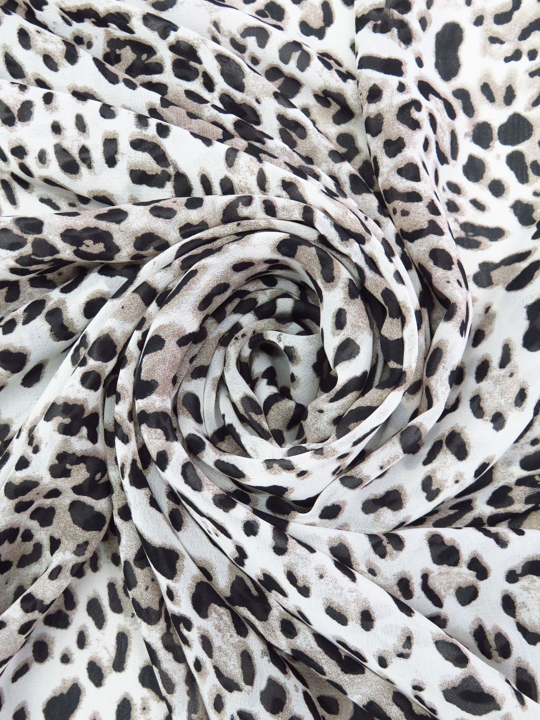 Snow Leopard White/Black/Light Taupe 100% Polyester Animal Print Chiffon 58W