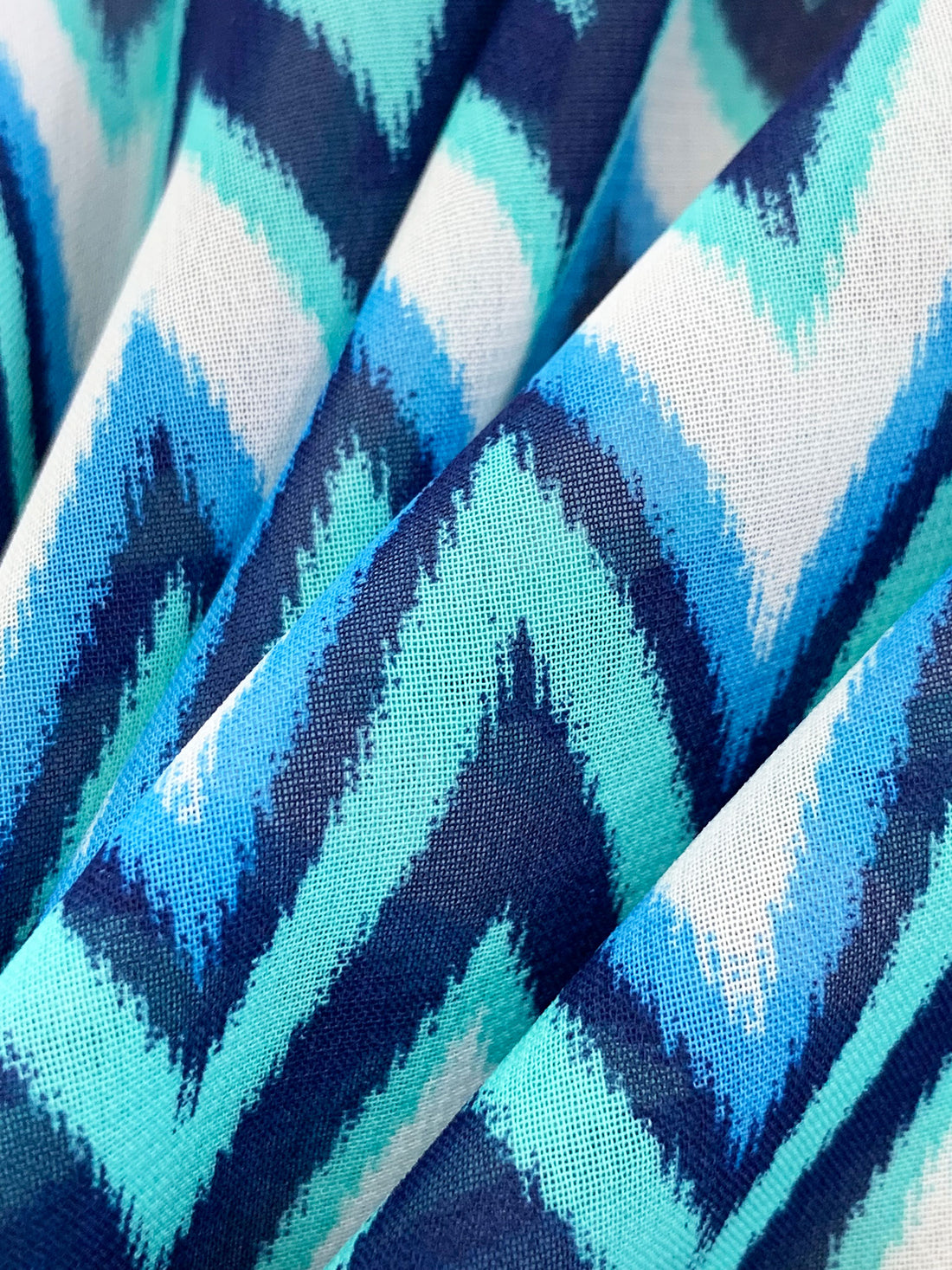 Vivid Blue/White/Navy 100% Polyester Ikat Chevron Print Chiffon 54W