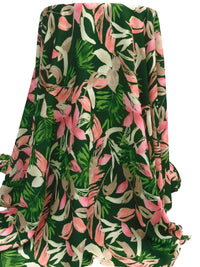 Grass Green/Flamingo/Taupe Polyester/Lycra Tropical Floral Print Stretch Crepe - NY Designer - 58W