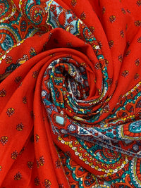 Scarlet Red/Pale Blue/Yellow/Multi 100% Polyester Large Ornate Paisley Print Crepe Blouse Weight Woven 54W