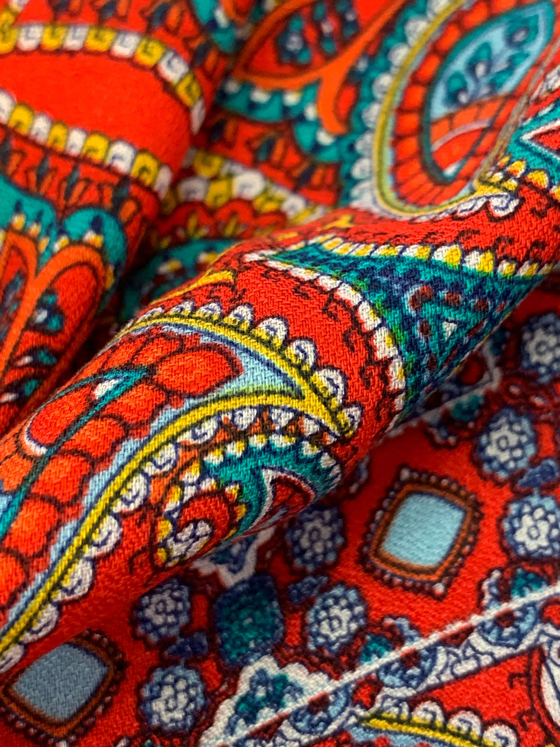Scarlet Red/Pale Blue/Yellow/Multi 100% Polyester Large Ornate Paisley Print Crepe Blouse Weight Woven 54W