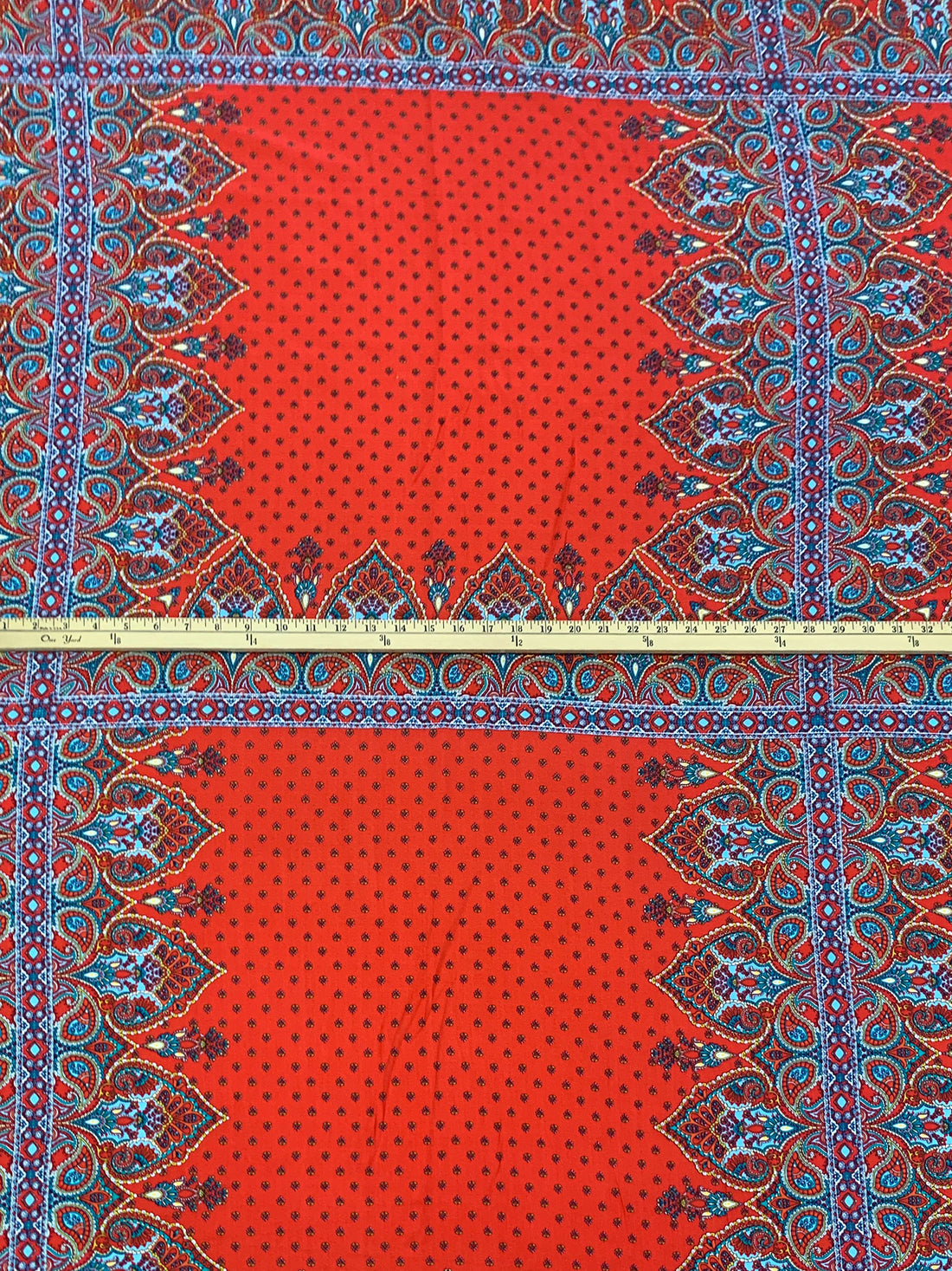 Scarlet Red/Pale Blue/Yellow/Multi 100% Polyester Large Ornate Paisley Print Crepe Blouse Weight Woven 54W