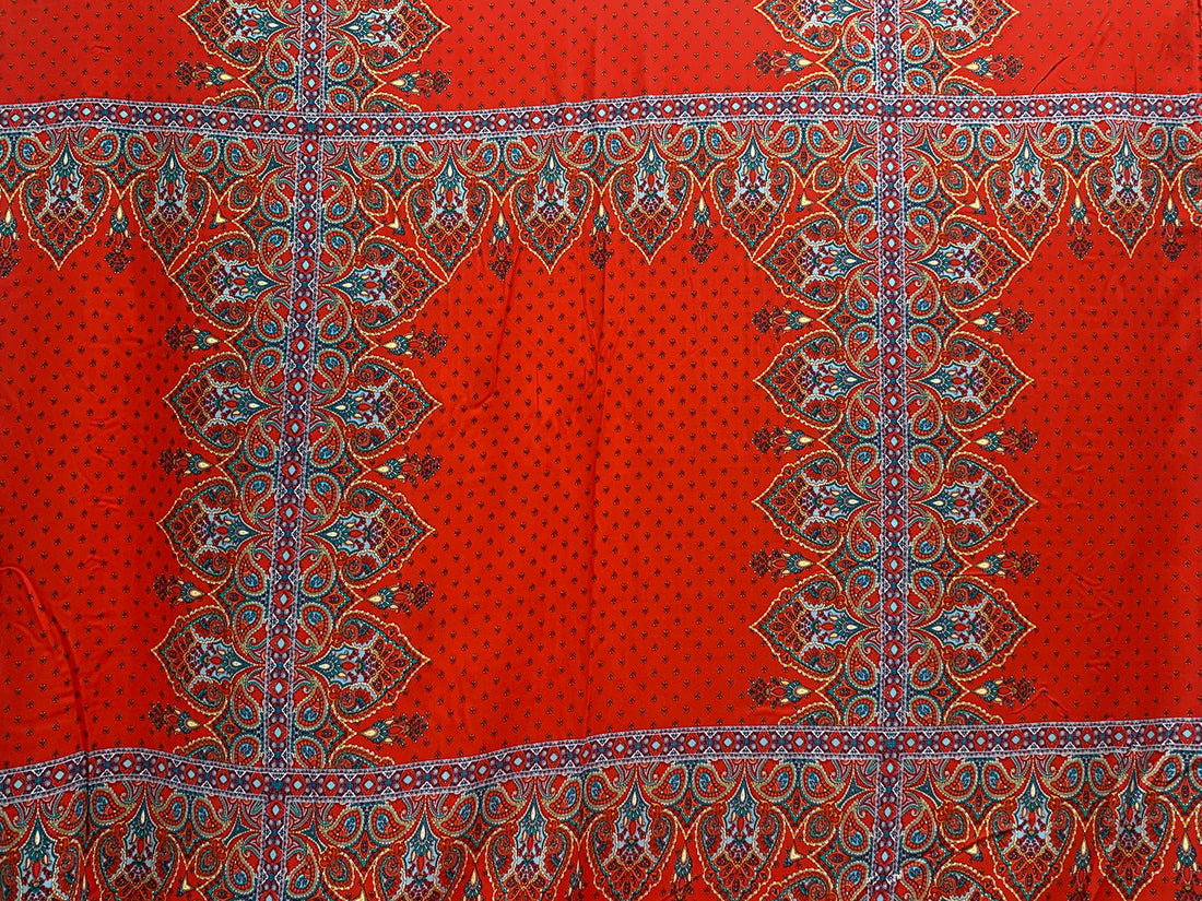 Scarlet Red/Pale Blue/Yellow/Multi 100% Polyester Large Ornate Paisley Print Crepe Blouse Weight Woven 54W