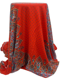Scarlet Red/Pale Blue/Yellow/Multi 100% Polyester Large Ornate Paisley Print Crepe Blouse Weight Woven 54W
