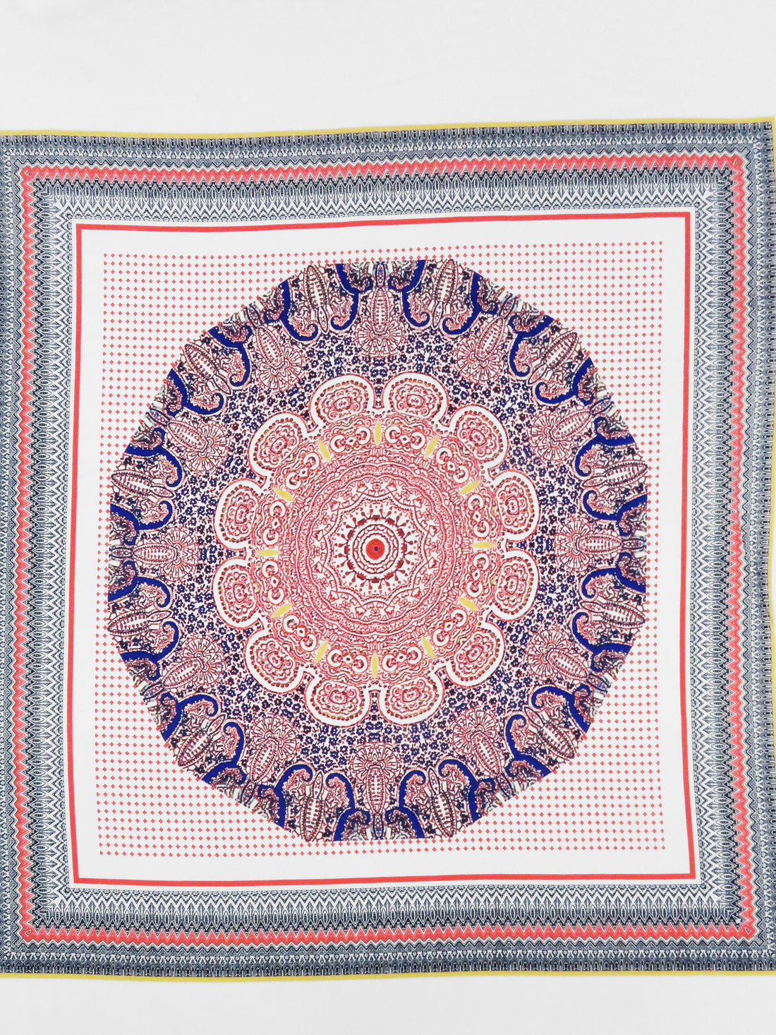 SOLD BY THE PANEL ONLY - Coral Red/Deep Indigo Blue/Goldenrod/Multi 100% Rayon Double Ornate Fractal Print Crepe Challis 54W