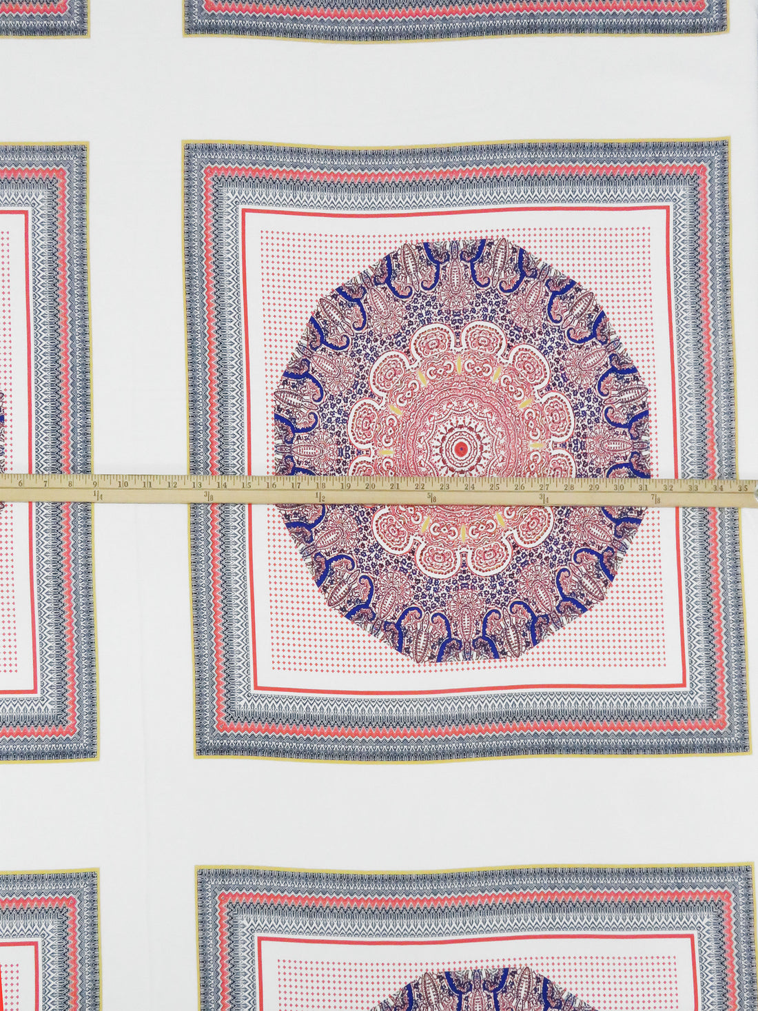 SOLD BY THE PANEL ONLY - Coral Red/Deep Indigo Blue/Goldenrod/Multi 100% Rayon Double Ornate Fractal Print Crepe Challis 54W