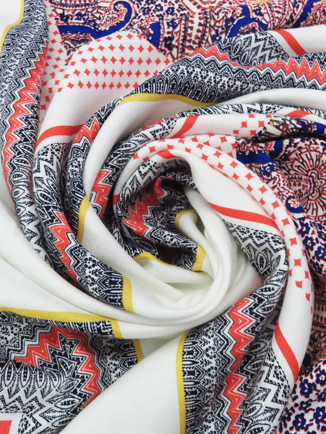 SOLD BY THE PANEL ONLY - Coral Red/Deep Indigo Blue/Goldenrod/Multi 100% Rayon Double Ornate Fractal Print Crepe Challis 54W