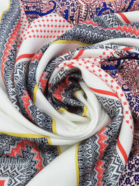 SOLD BY THE PANEL ONLY - Coral Red/Deep Indigo Blue/Goldenrod/Multi 100% Rayon Double Ornate Fractal Print Crepe Challis 54W