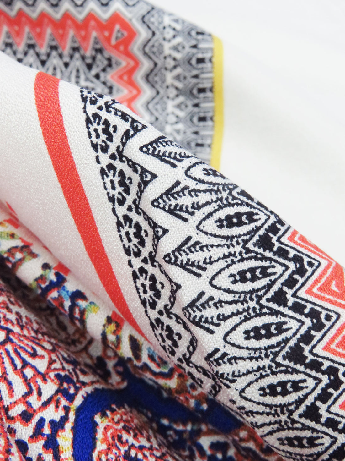 SOLD BY THE PANEL ONLY - Coral Red/Deep Indigo Blue/Goldenrod/Multi 100% Rayon Double Ornate Fractal Print Crepe Challis 54W