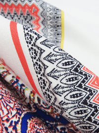 SOLD BY THE PANEL ONLY - Coral Red/Deep Indigo Blue/Goldenrod/Multi 100% Rayon Double Ornate Fractal Print Crepe Challis 54W