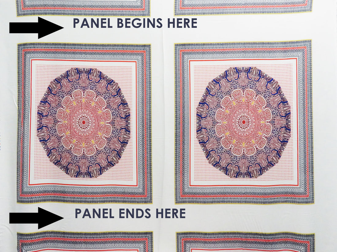 SOLD BY THE PANEL ONLY - Coral Red/Deep Indigo Blue/Goldenrod/Multi 100% Rayon Double Ornate Fractal Print Crepe Challis 54W