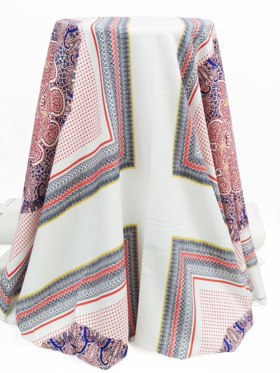 SOLD BY THE PANEL ONLY - Coral Red/Deep Indigo Blue/Goldenrod/Multi 100% Rayon Double Ornate Fractal Print Crepe Challis 54W