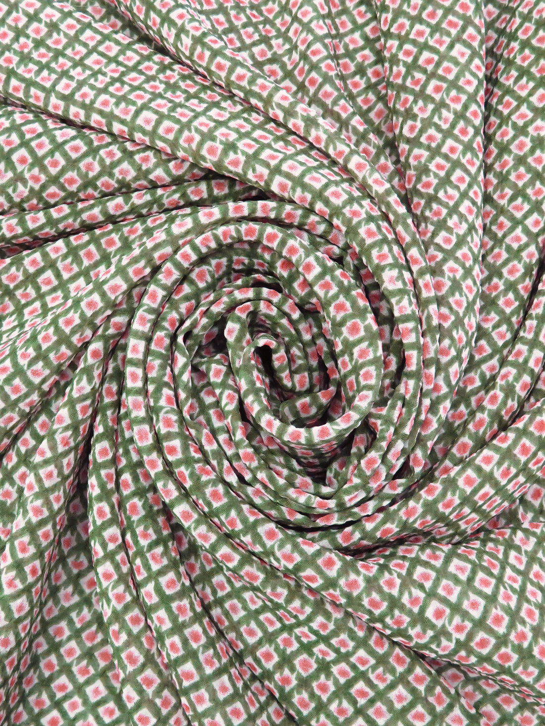 Hunter Green/Off-White/Salmon 100% Polyester Diamond Grid Print Gingham Weave Chiffon 58W