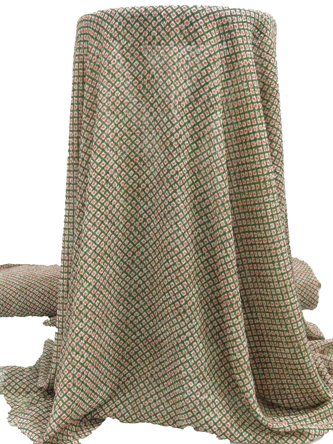 Hunter Green/Off-White/Salmon 100% Polyester Diamond Grid Print Gingham Weave Chiffon 58W