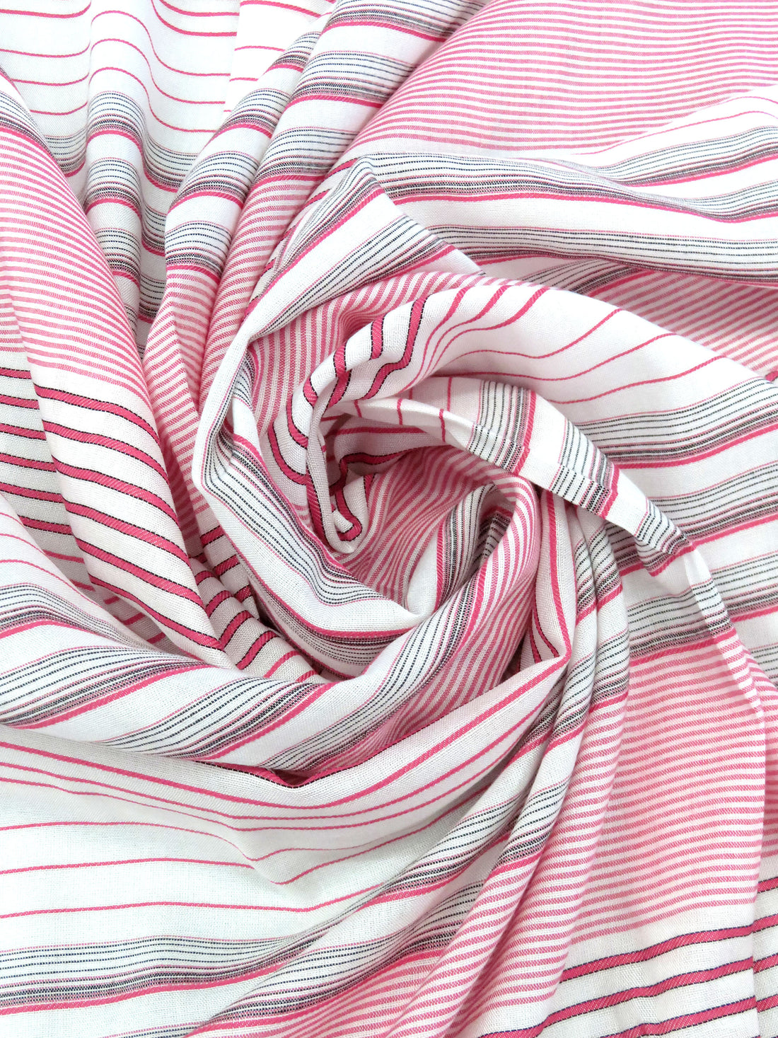 White/Fruit Punch Pink/Black 100% Rayon Horizontal Yarn-Dyed Stripe Challis 56W