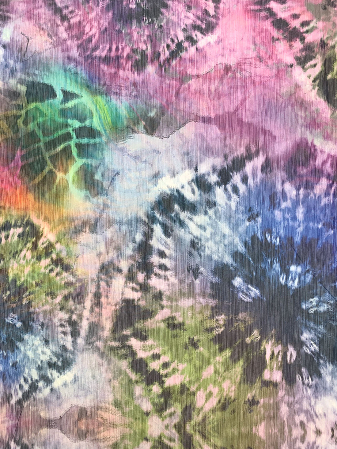Carnation Pink/Olive/French Blue/Multi 100% Polyester Ikat-Look Tie-Dye Print Taffeta 58W