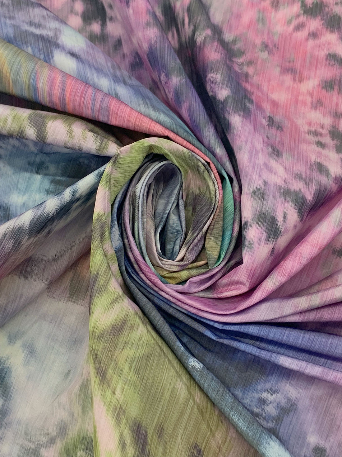 Carnation Pink/Olive/French Blue/Multi 100% Polyester Ikat-Look Tie-Dye Print Taffeta 58W