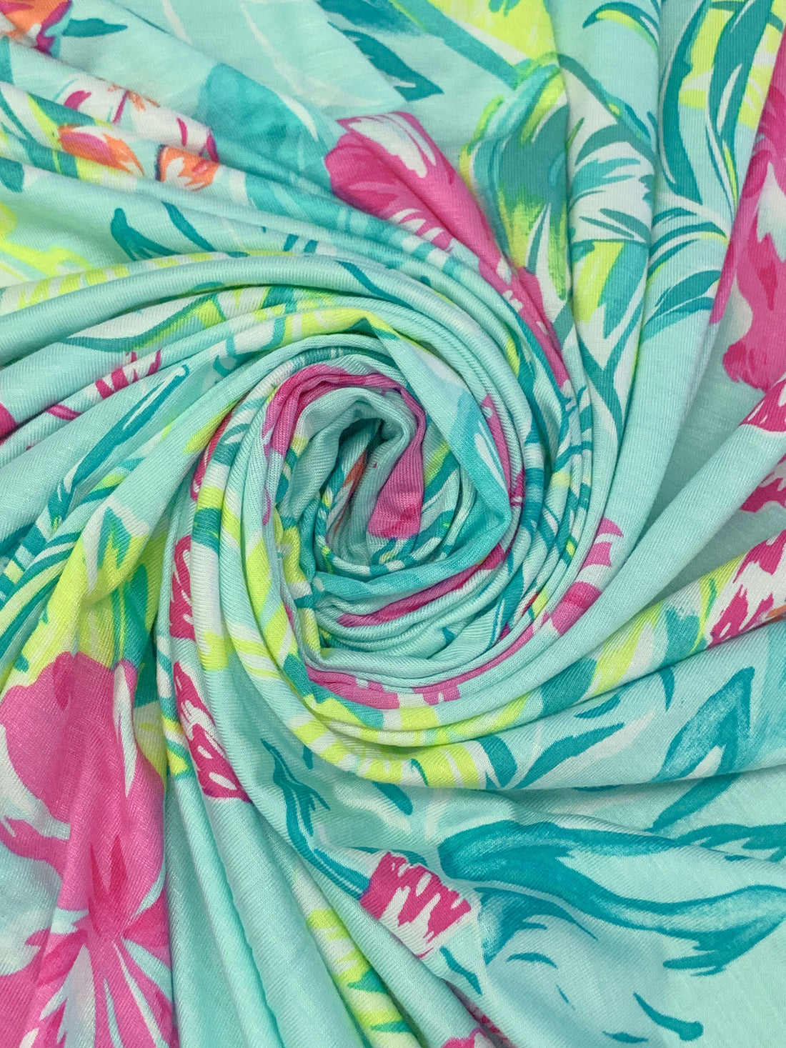 Pale Turquoise Blue/Wild Orchid Pink/Dark Cyan/Multi Rayon/Lycra Floral Print Jersey Knit 62W