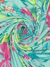 Pale Turquoise Blue/Wild Orchid Pink/Dark Cyan/Multi Rayon/Lycra Floral Print Jersey Knit 62W