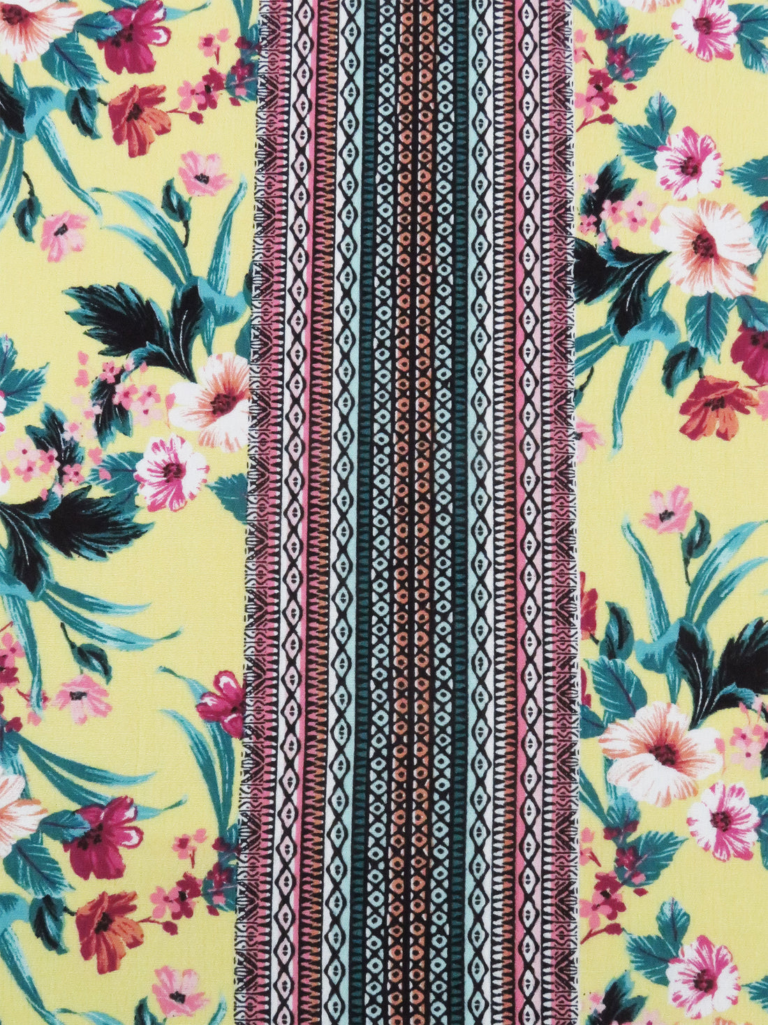 Lemon/Jungle Green/Mulberry/Multi 100% Rayon Tropical Floral Tribal Stripe Print Crinkle Challis 53W