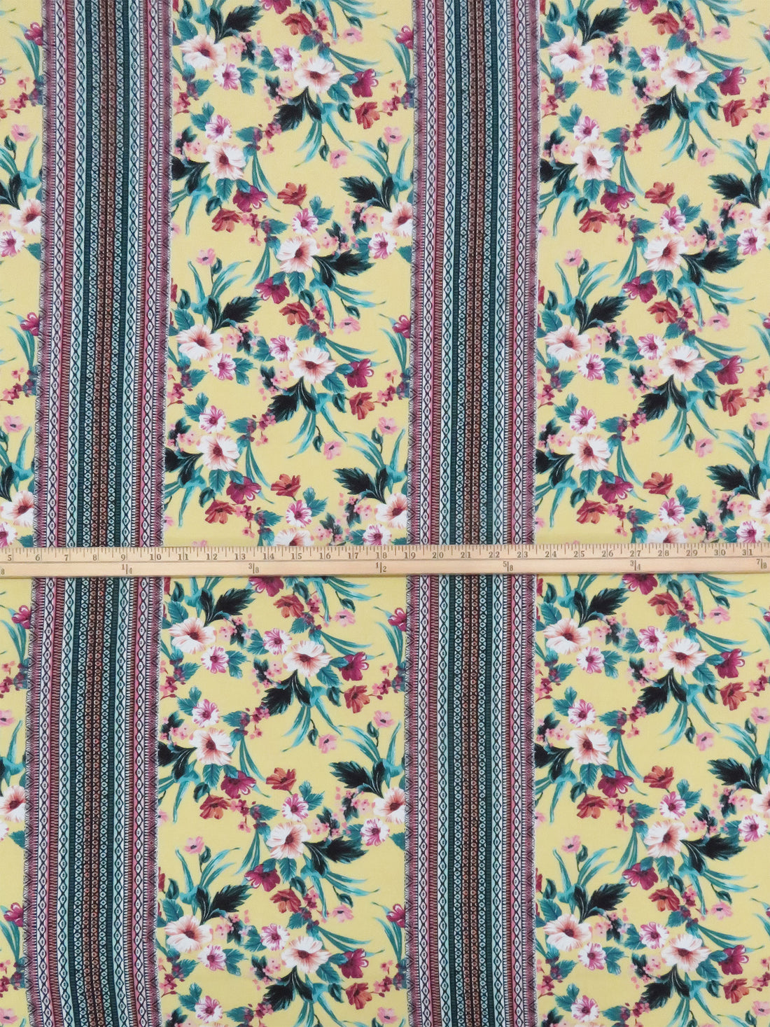 Lemon/Jungle Green/Mulberry/Multi 100% Rayon Tropical Floral Tribal Stripe Print Crinkle Challis 53W
