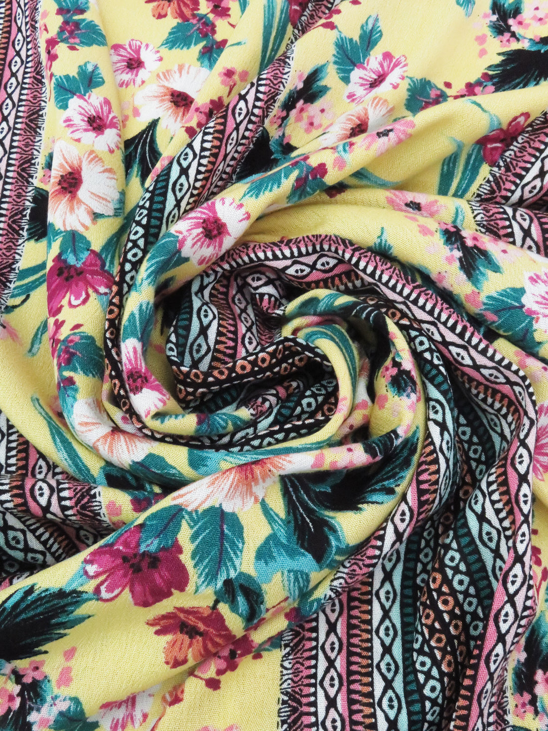 Lemon/Jungle Green/Mulberry/Multi 100% Rayon Tropical Floral Tribal Stripe Print Crinkle Challis 53W