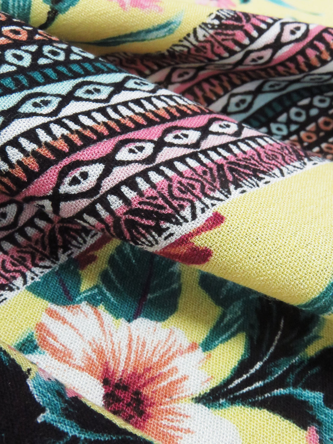 Lemon/Jungle Green/Mulberry/Multi 100% Rayon Tropical Floral Tribal Stripe Print Crinkle Challis 53W