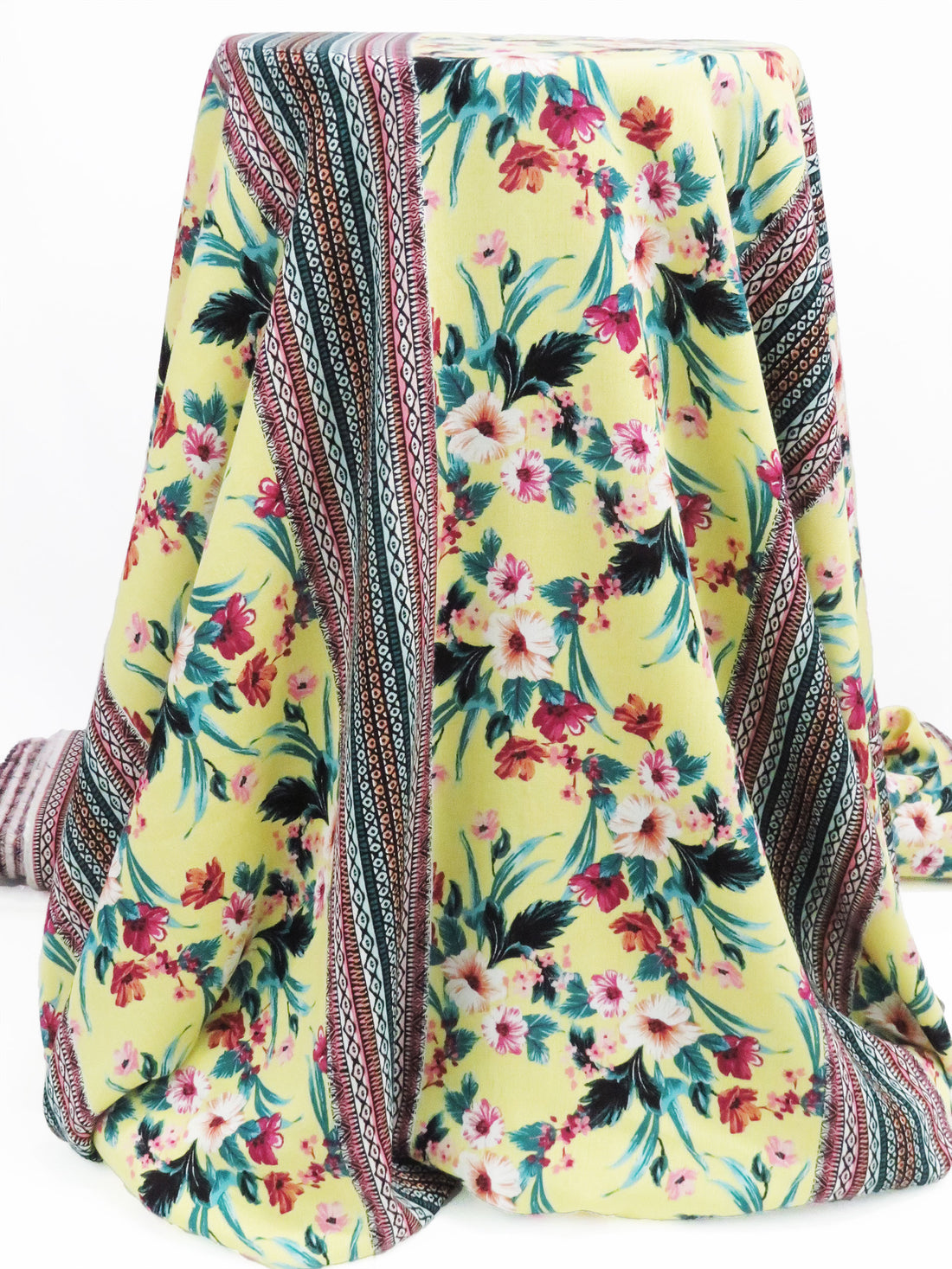 Lemon/Jungle Green/Mulberry/Multi 100% Rayon Tropical Floral Tribal Stripe Print Crinkle Challis 53W