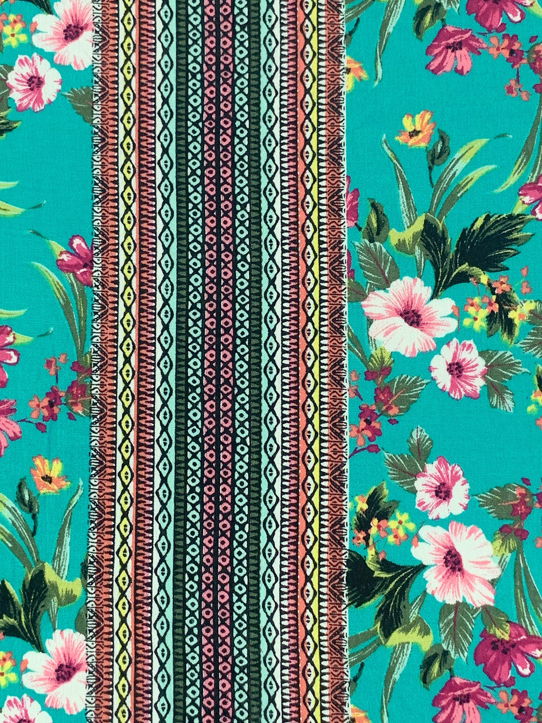 Teal Green/Canary/Congo Pink/Black/Multi 100% Rayon Tropical Floral Tribal Stripe Print Crinkle Challis 52W