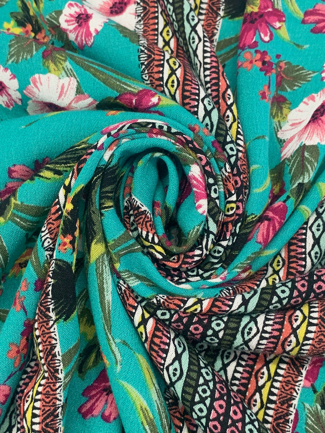 Teal Green/Canary/Congo Pink/Black/Multi 100% Rayon Tropical Floral Tribal Stripe Print Crinkle Challis 52W