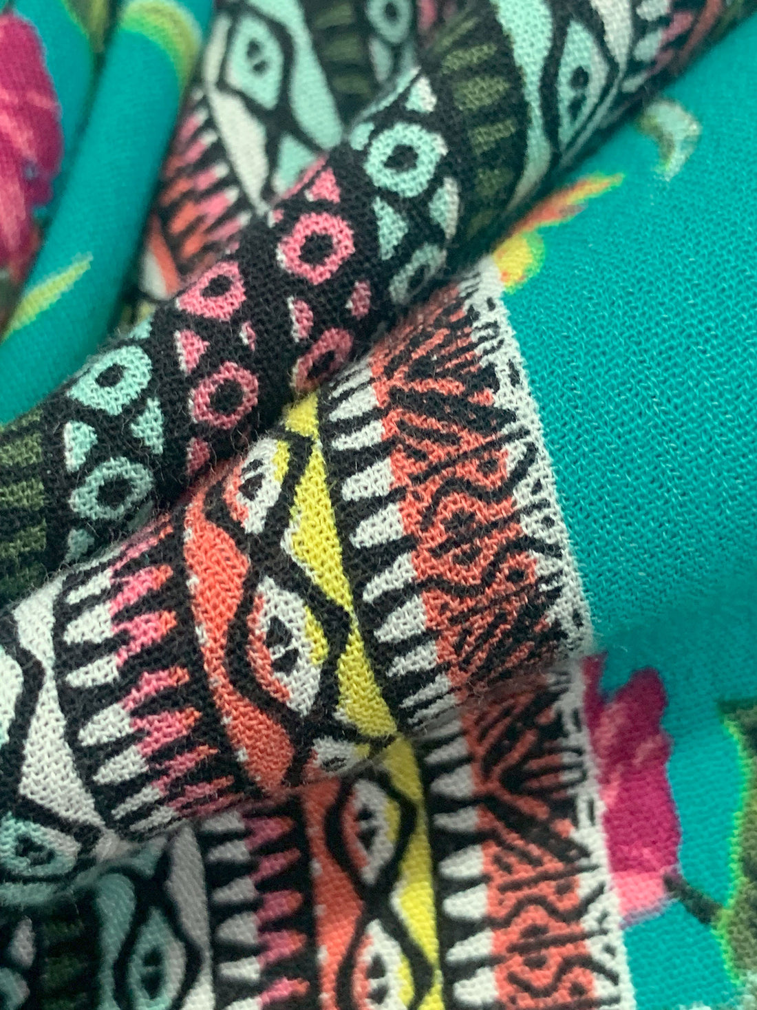 Teal Green/Canary/Congo Pink/Black/Multi 100% Rayon Tropical Floral Tribal Stripe Print Crinkle Challis 52W