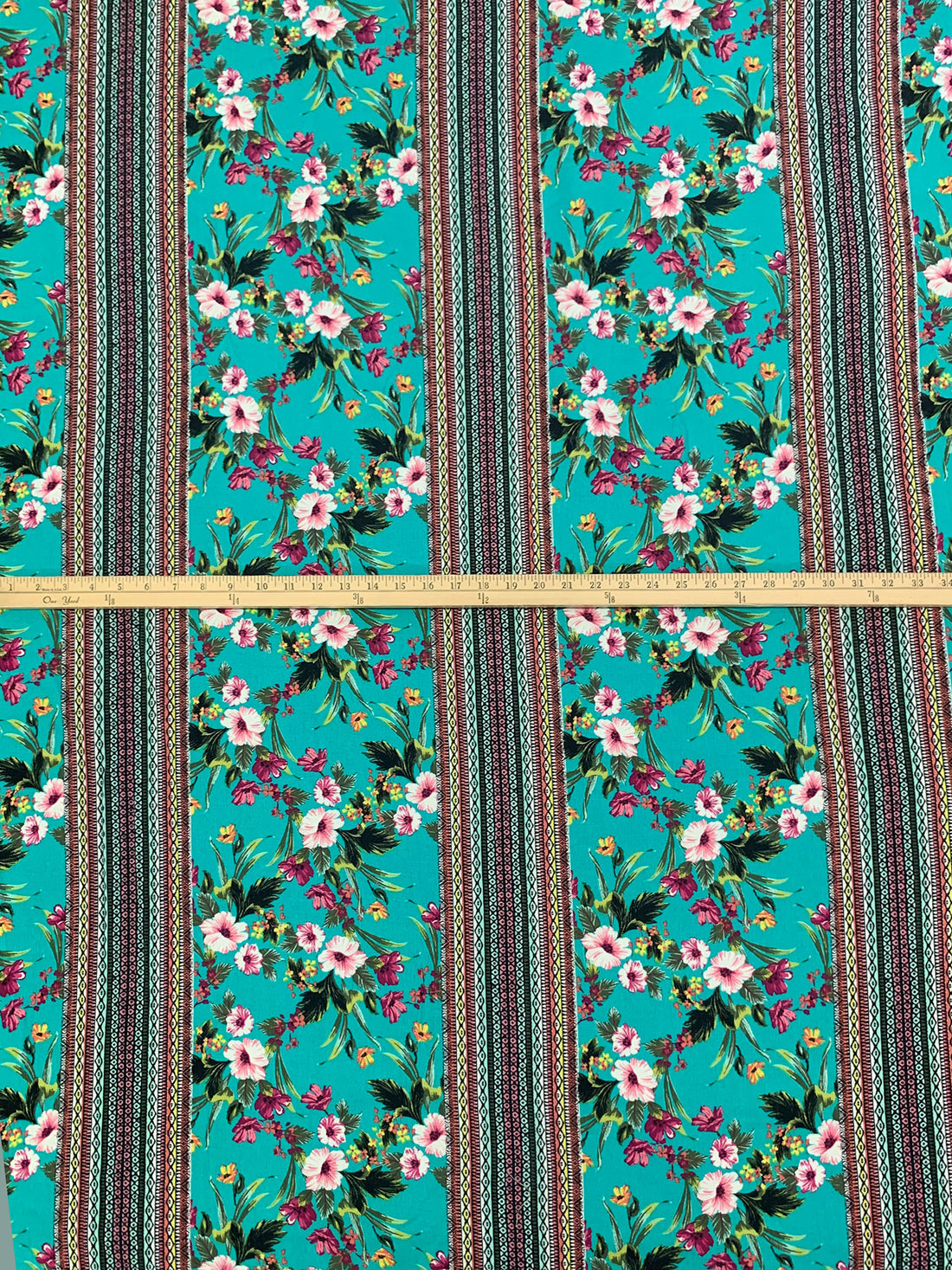 Teal Green/Canary/Congo Pink/Black/Multi 100% Rayon Tropical Floral Tribal Stripe Print Crinkle Challis 52W