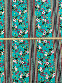 Teal Green/Canary/Congo Pink/Black/Multi 100% Rayon Tropical Floral Tribal Stripe Print Crinkle Challis 52W