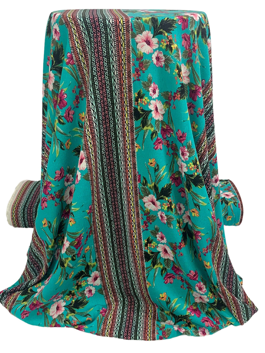 Teal Green/Canary/Congo Pink/Black/Multi 100% Rayon Tropical Floral Tribal Stripe Print Crinkle Challis 52W