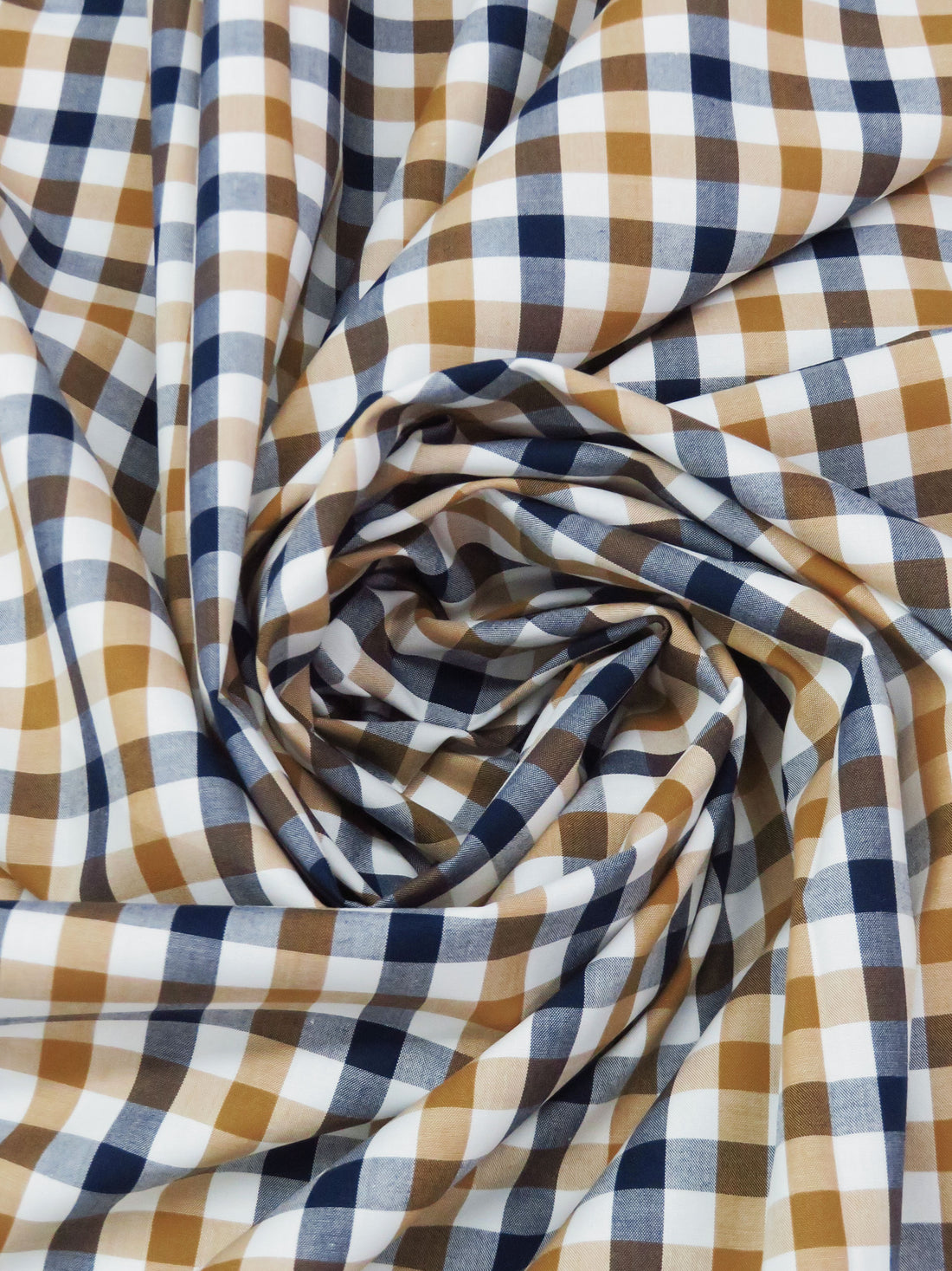 Ochre Brown/Navy/White 100% Cotton Check Plaid Shirting 56W