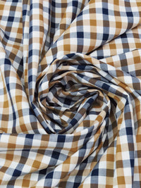 Ochre Brown/Navy/White 100% Cotton Check Plaid Shirting 56W