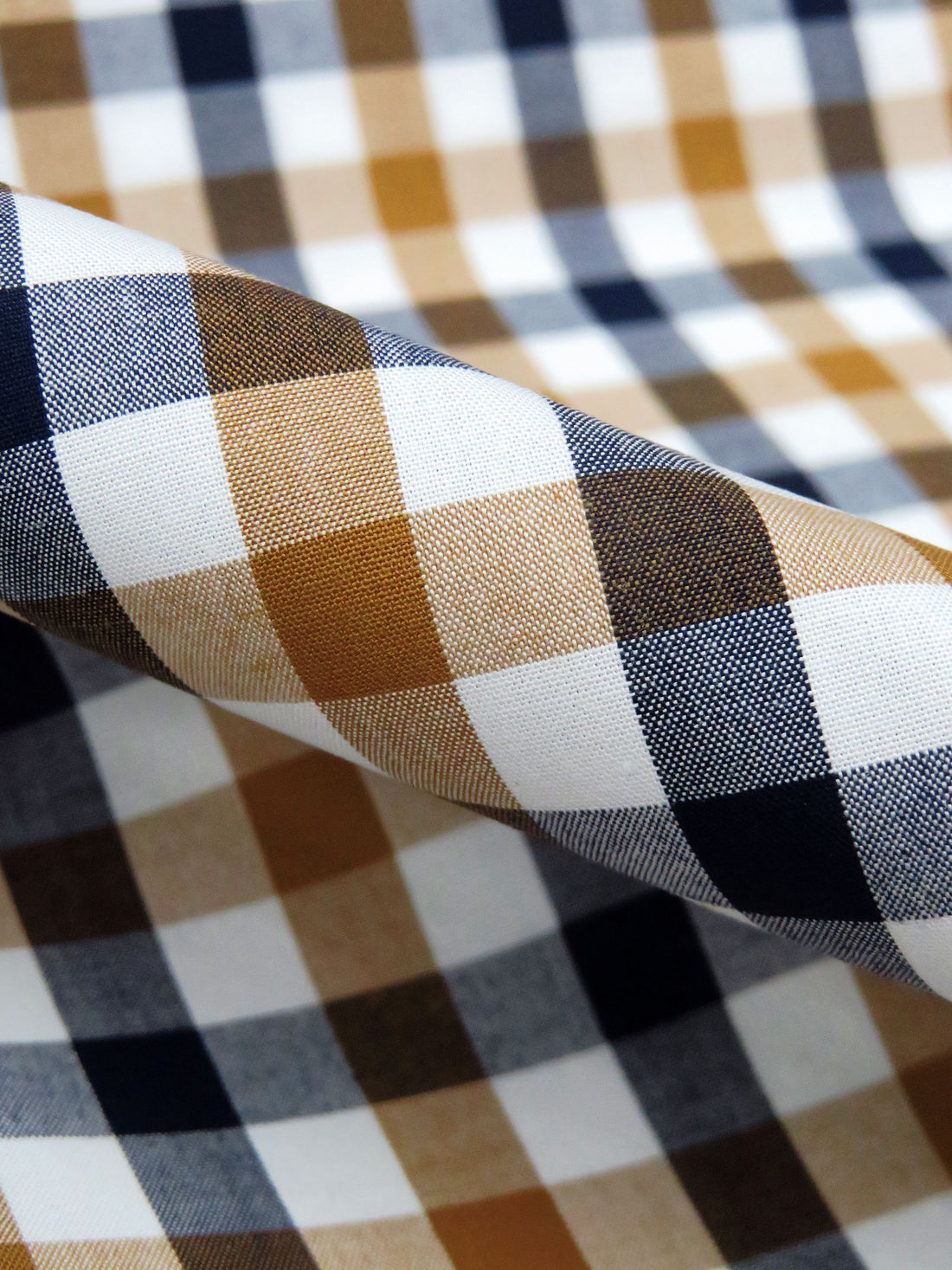 Ochre Brown/Navy/White 100% Cotton Check Plaid Shirting 56W