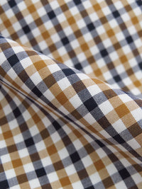 Ochre Brown/Navy/White 100% Cotton Small Check Plaid Shirting 56W