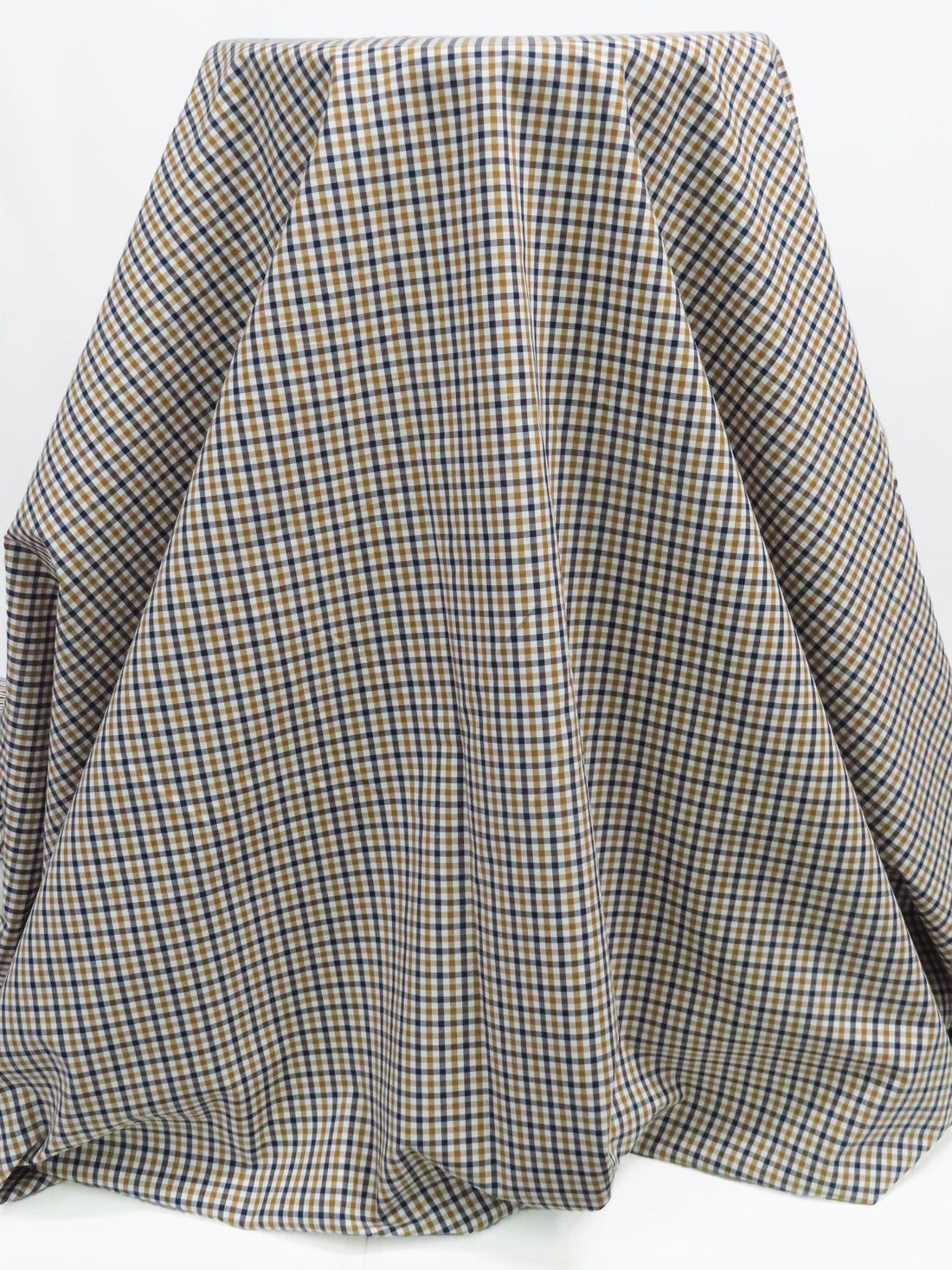 Ochre Brown/Navy/White 100% Cotton Small Check Plaid Shirting 56W