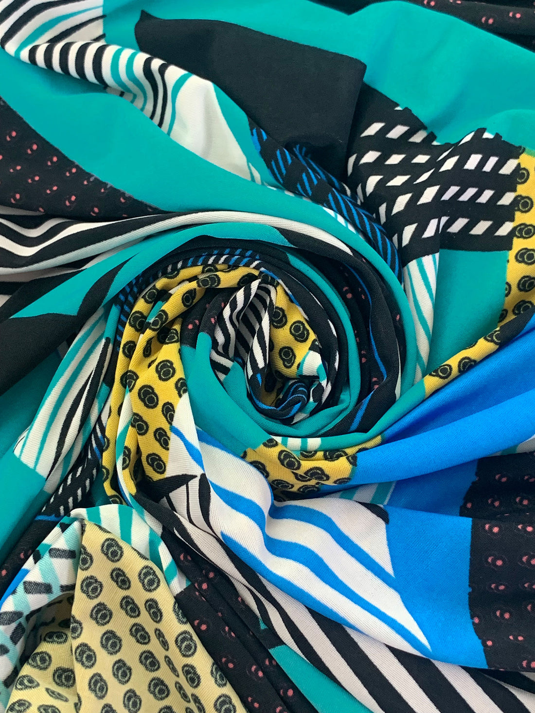 True Blue/Teal Green/Black/Multi Polyester/Lycra Abstract Multi Print FTY Knit 58W