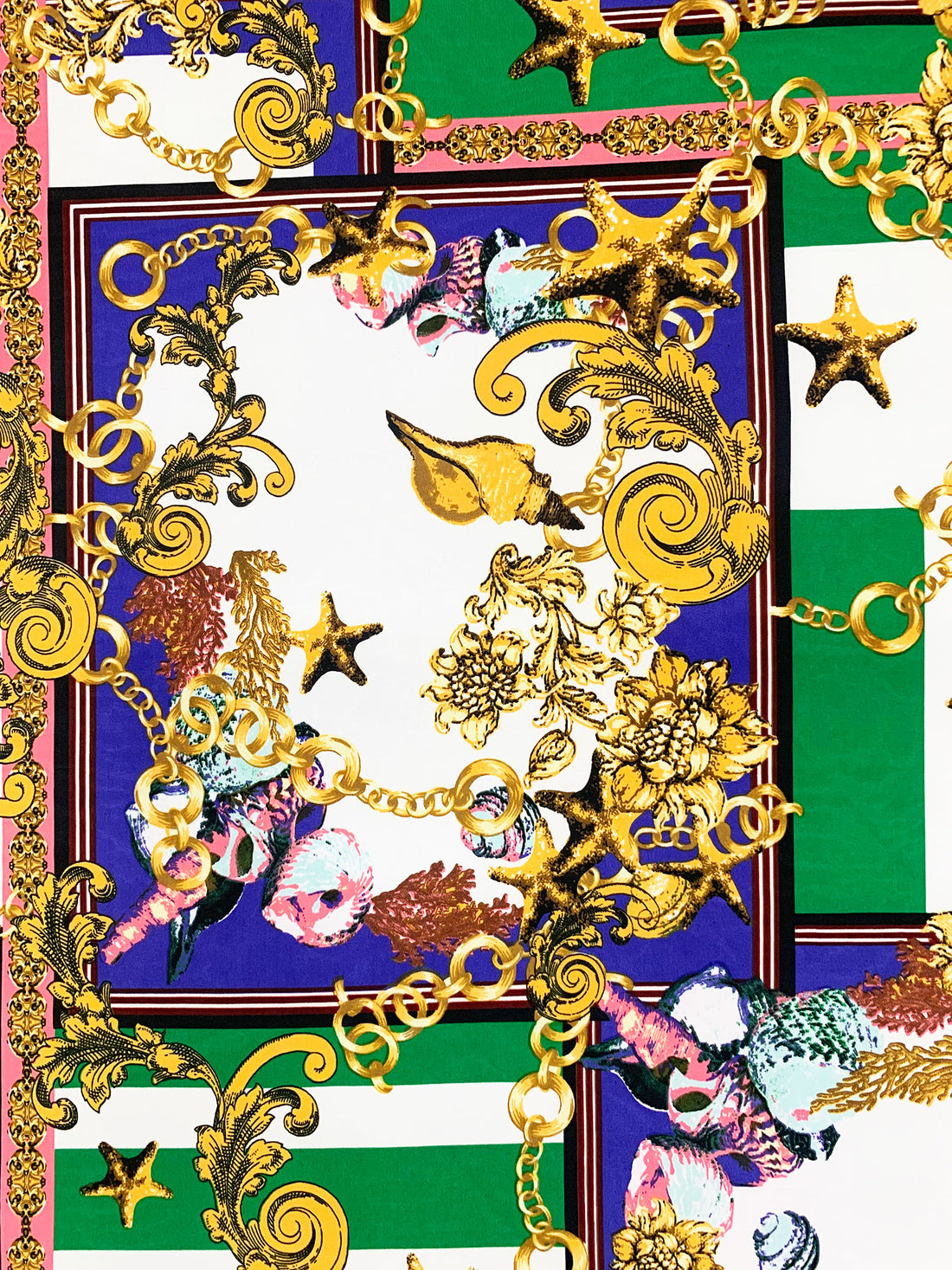 Green/Blue/Gold/White Polyester/Lycra Novelty Nautical Framework Print FTY Knit 56W